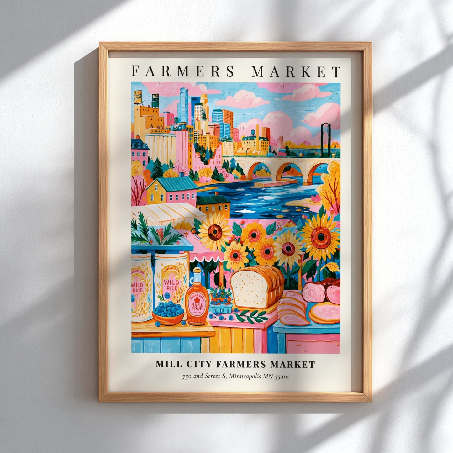 Farmers market poster featuring colorful sunflowers and Minneapolis skyline