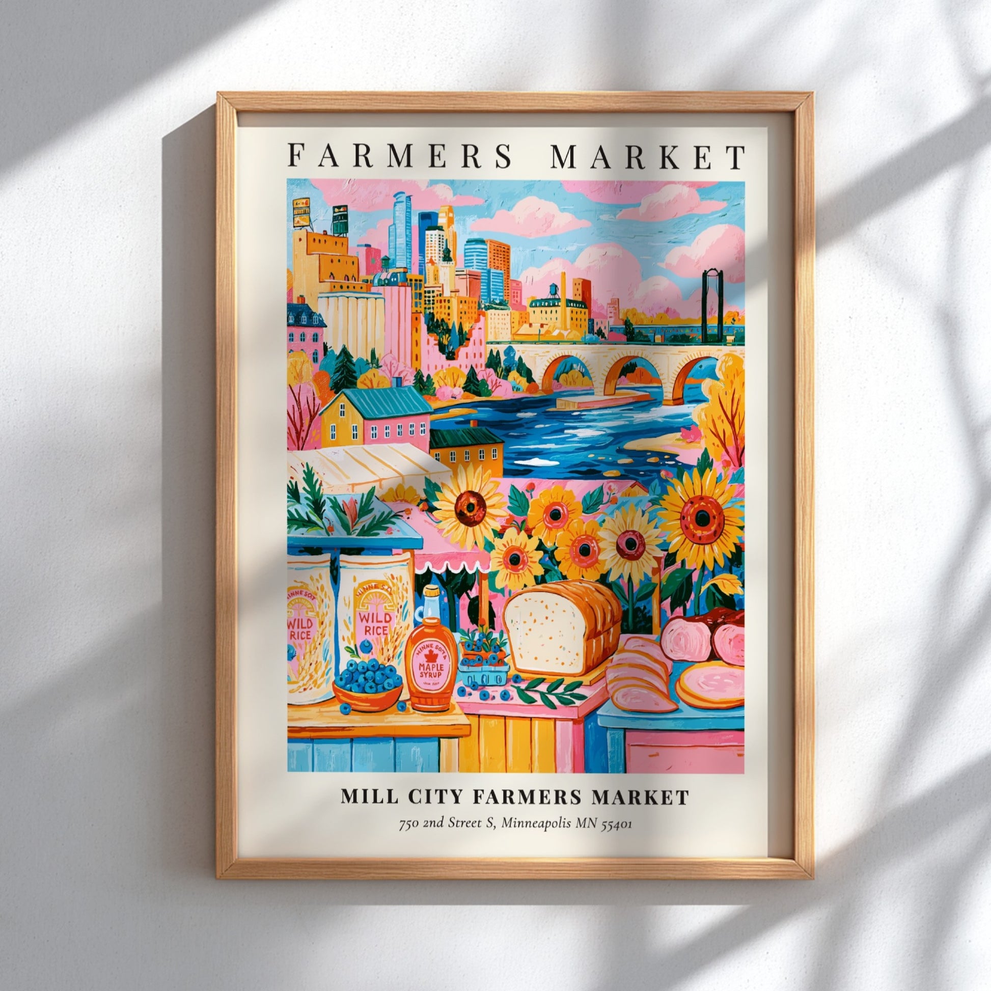 Farmers market poster featuring colorful sunflowers and Minneapolis skyline