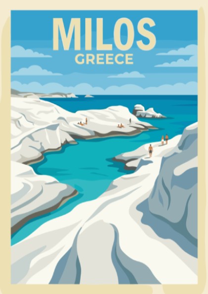 Poster of Milos Greece featuring white rock formations and blue water by the sea.