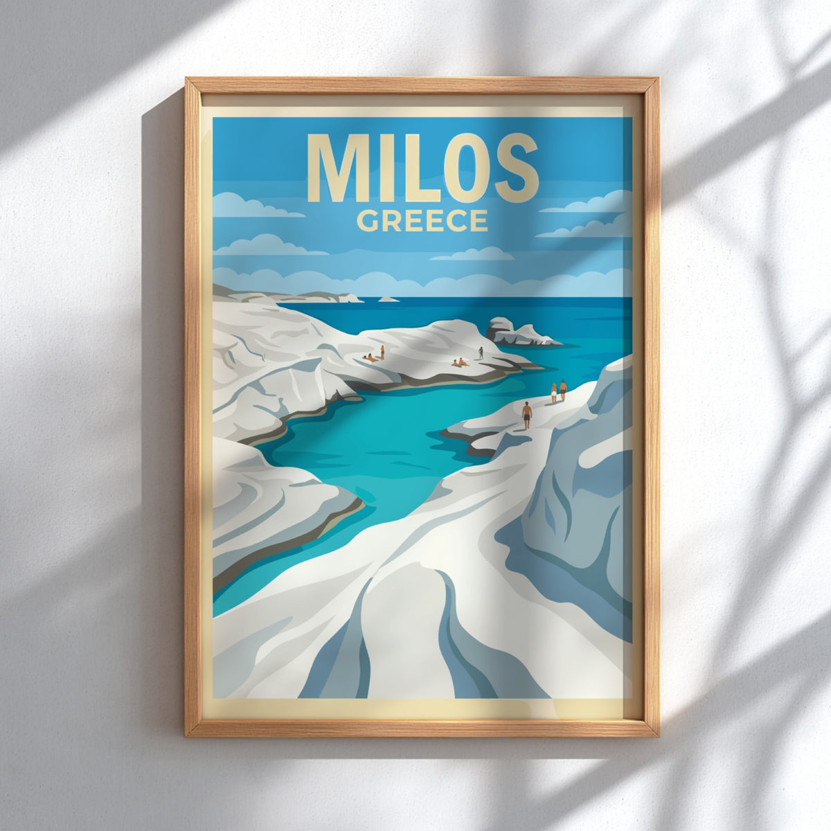 Poster of Milos Greece featuring white rock formations and blue water by the sea.