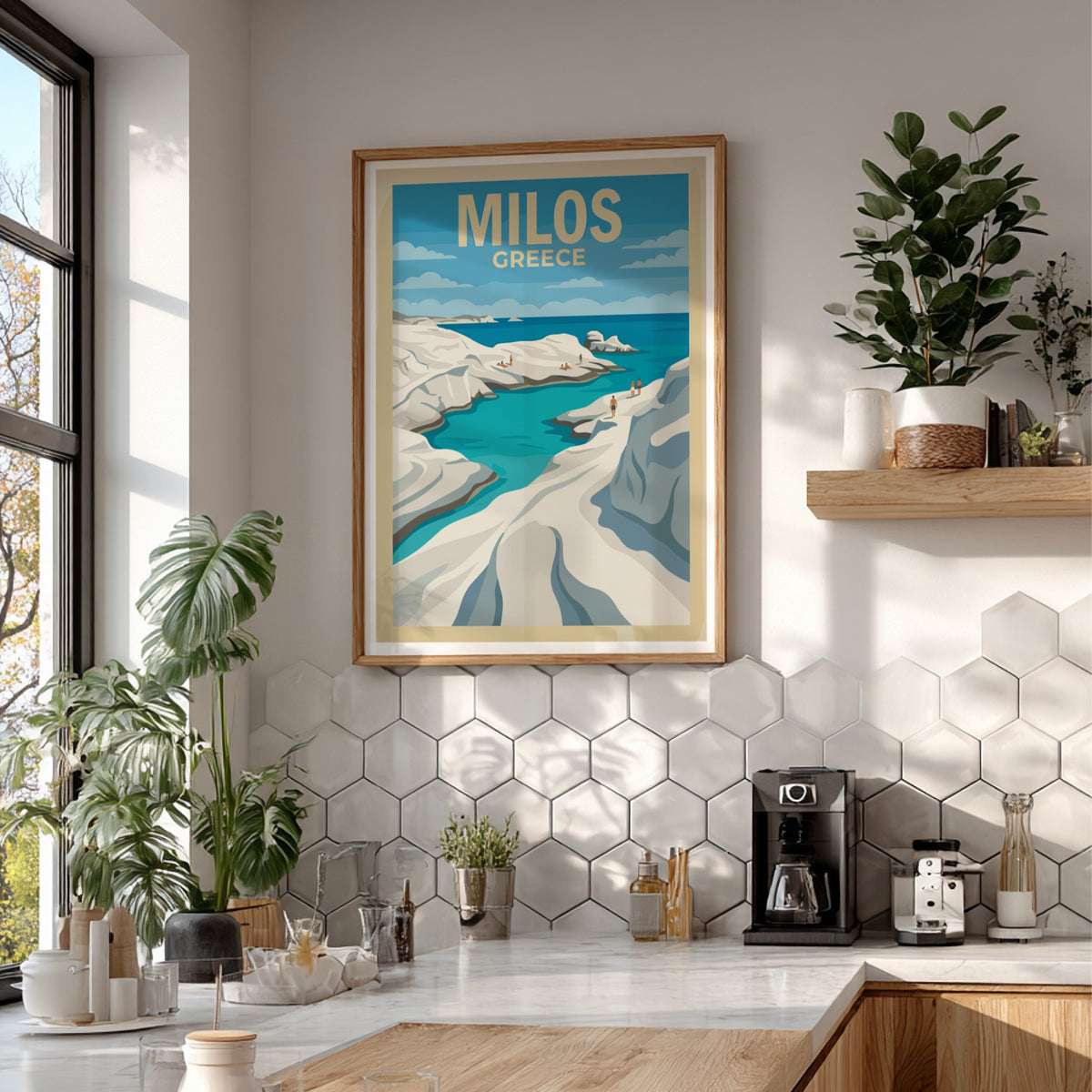 Poster of Milos Greece featuring white rock formations and blue water by the sea.
