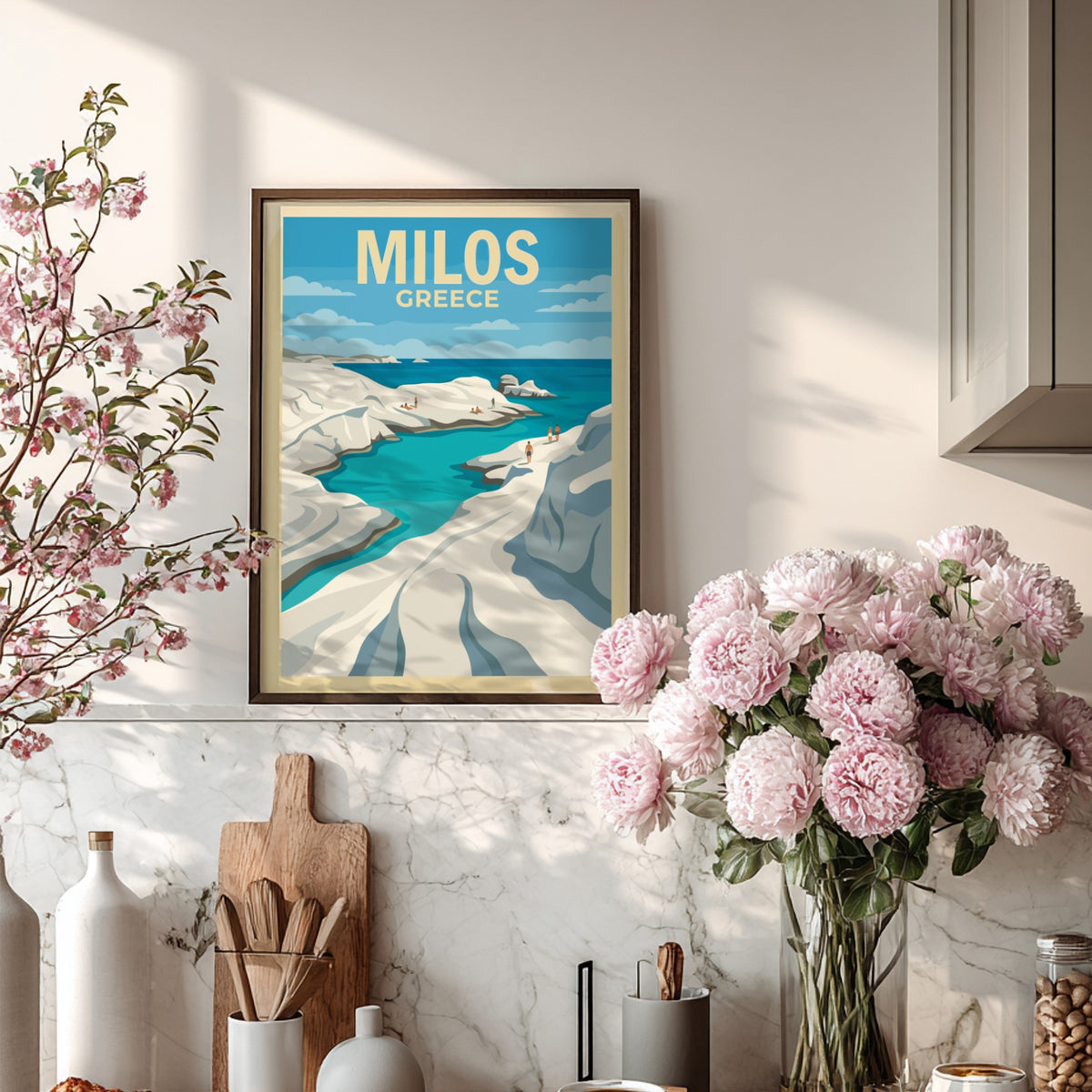 Poster of Milos Greece featuring white rock formations and blue water by the sea.