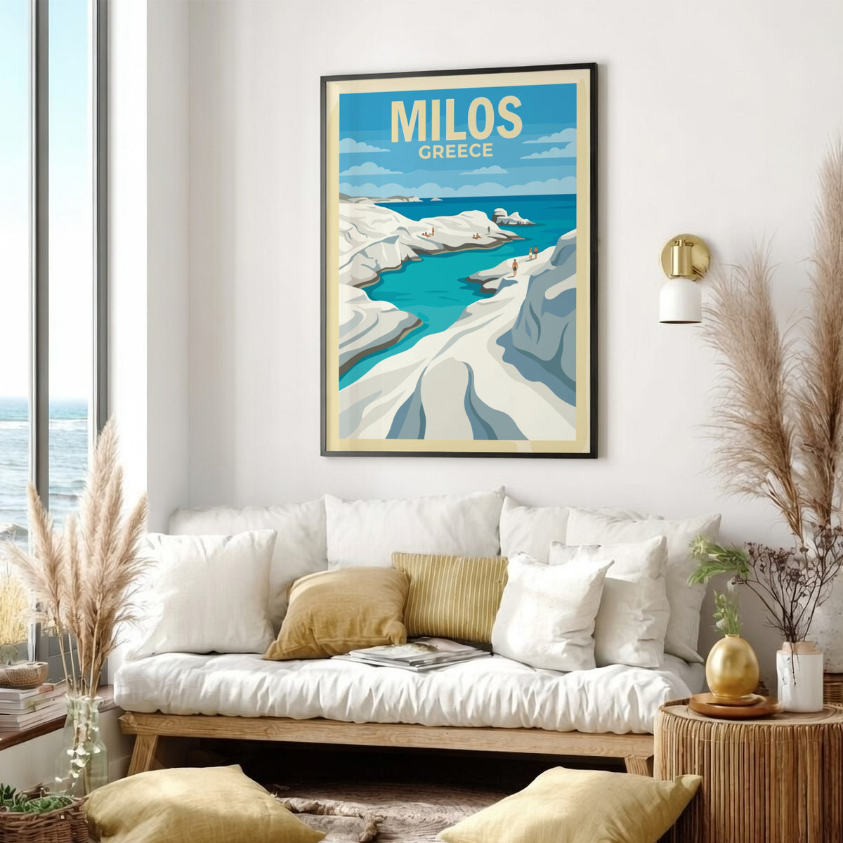 Poster of Milos Greece featuring white rock formations and blue water by the sea.