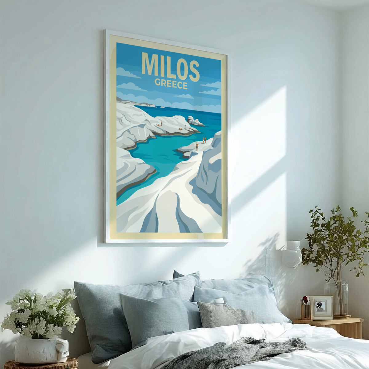 Poster of Milos Greece featuring white rock formations and blue water by the sea.