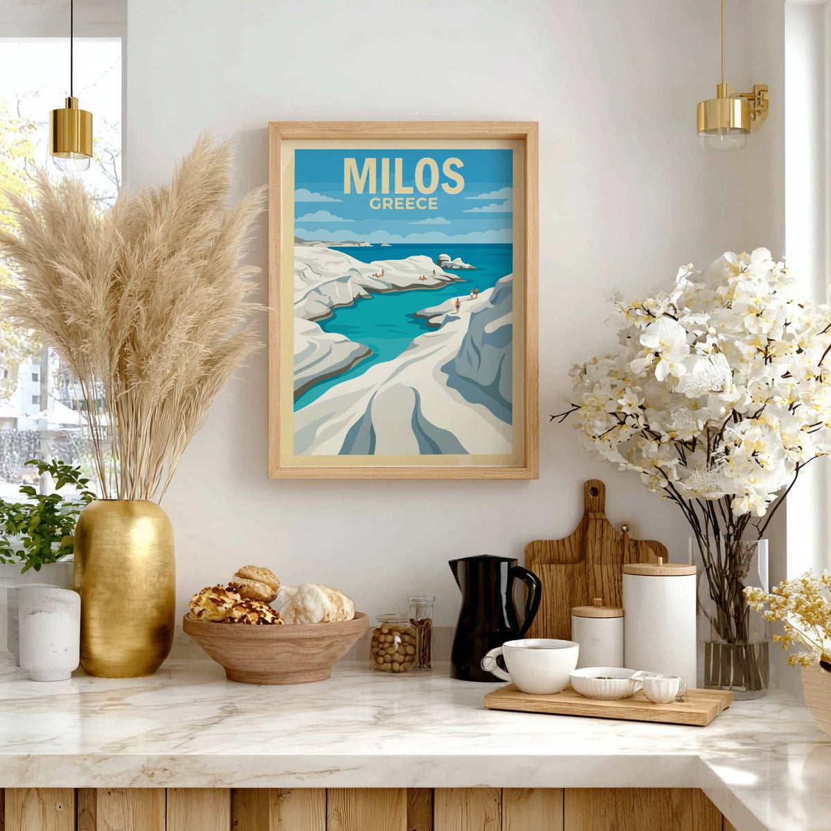 Poster of Milos Greece featuring white rock formations and blue water by the sea.
