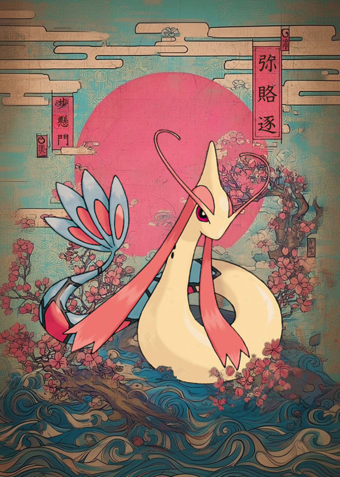 Illustration of Milotic Pokemon with floral elements and a pink moon in an Asian-inspired setting.