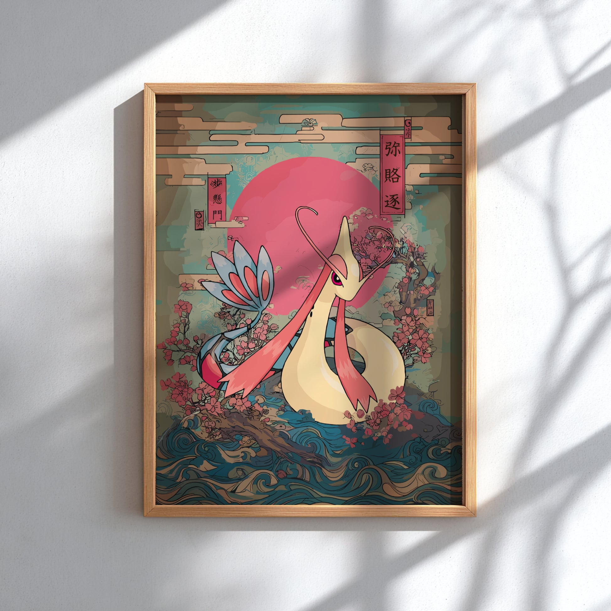 Framed artwork of Milotic Pokemon with a pink flower against a red background