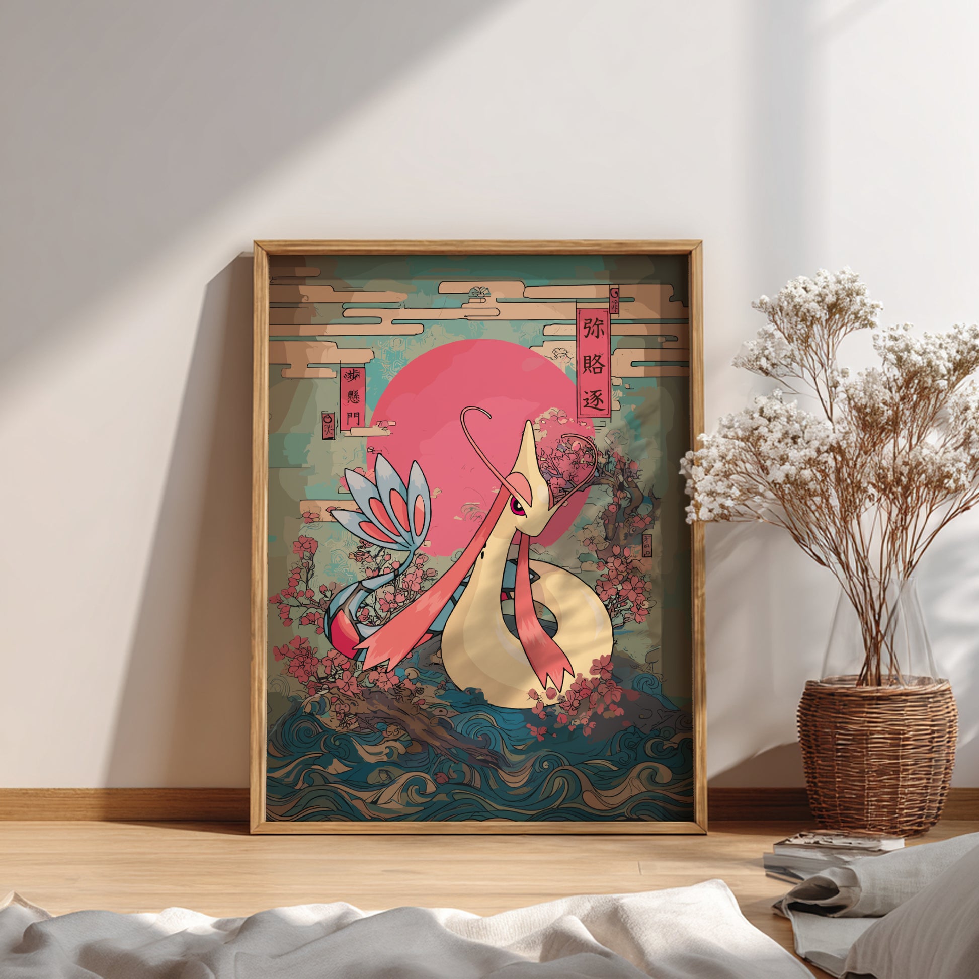 Framed artwork of Milotic Pokemon with a pink and gold design on a wall in a room with a plant and decor.