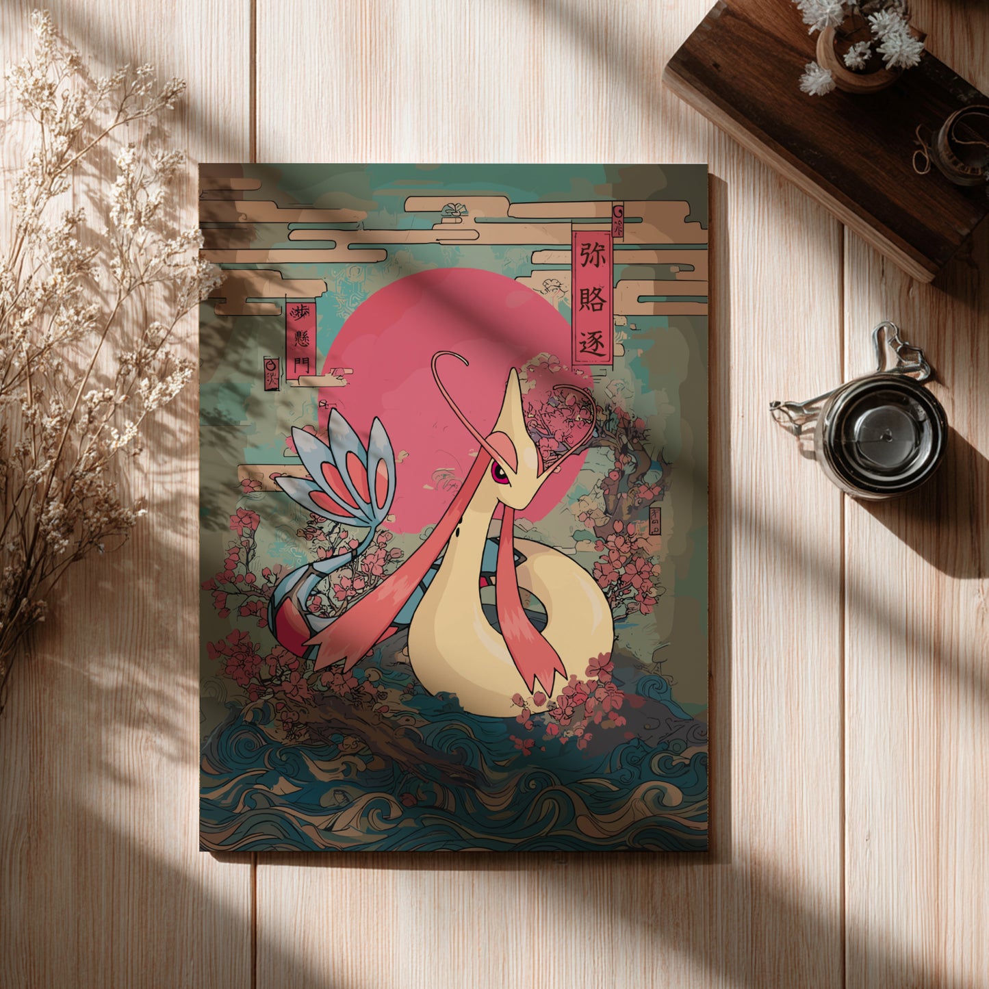 Decorative poster with a Milotic Pokemon design on a wooden surface.