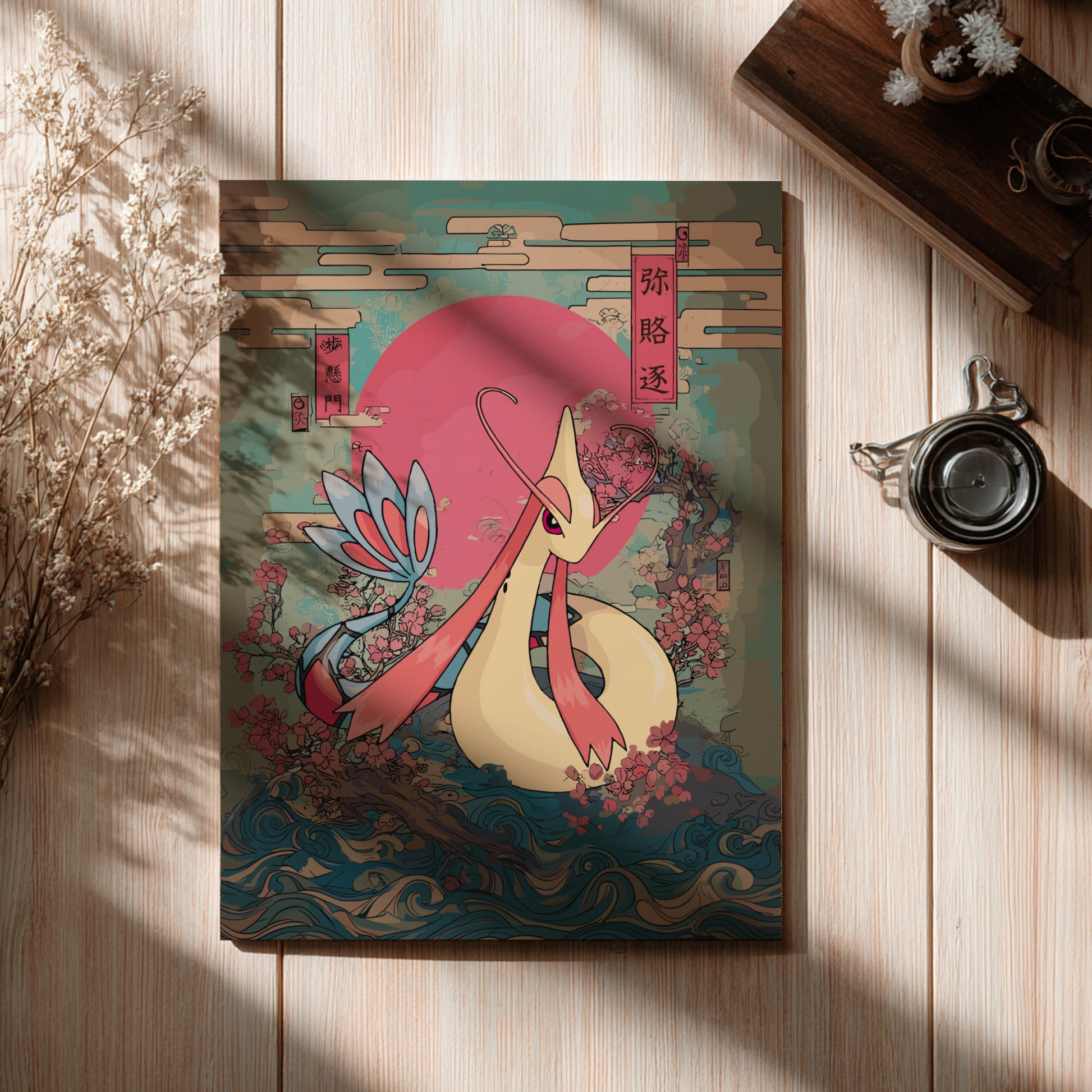 Decorative poster with a Milotic Pokemon design on a wooden surface.