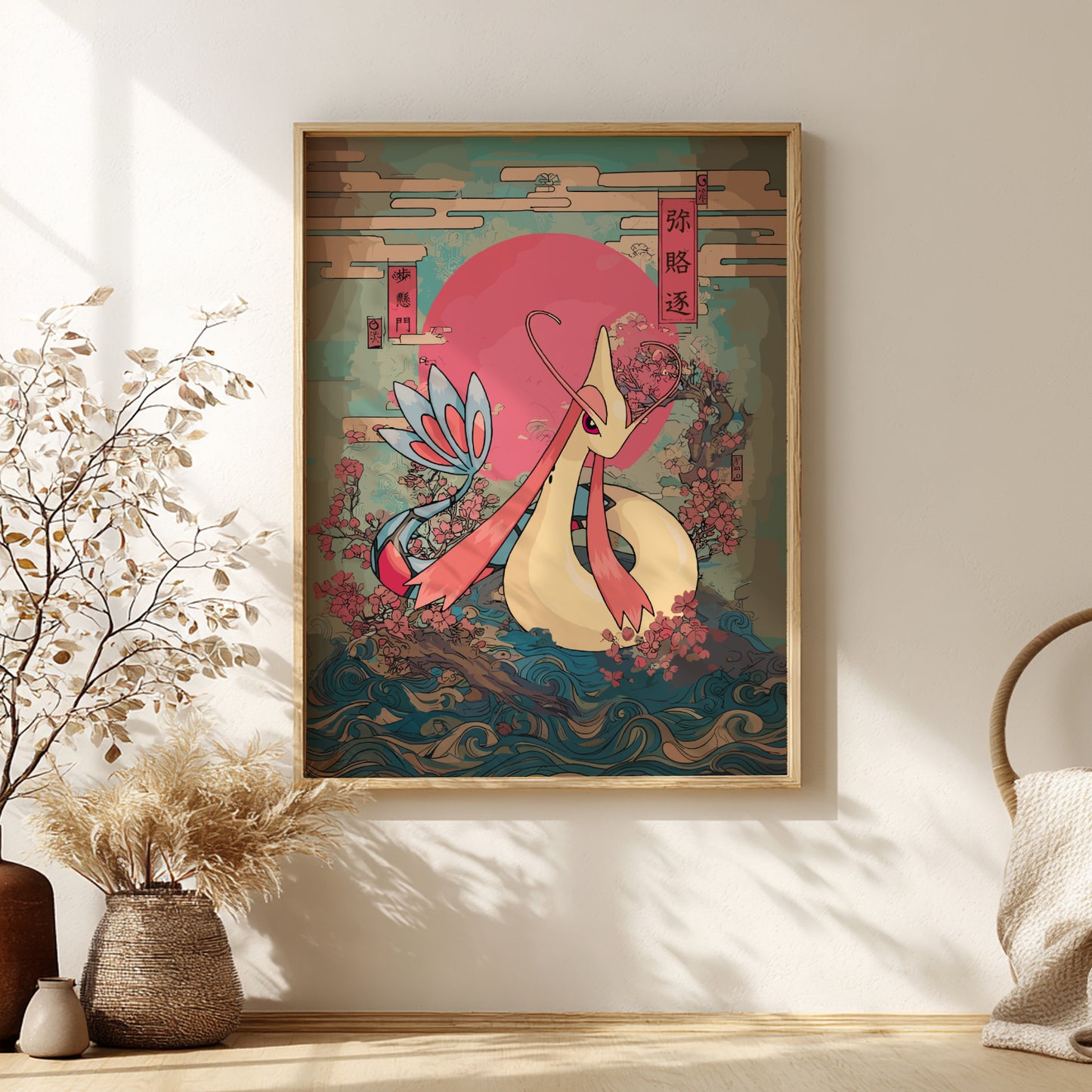 Framed artwork with Milotic Pokemon and floral design on a wall with decorative plants.