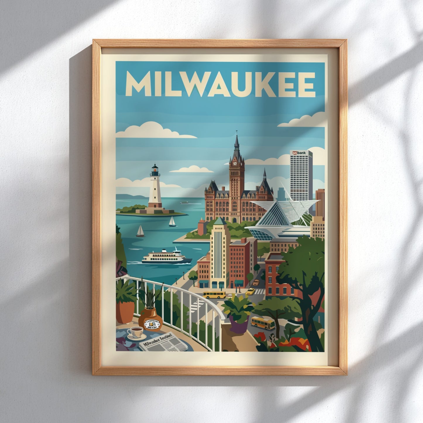 Retro Milwaukee skyline poster with iconic buildings, lighthouse, and ferry. Features a vintage travel art