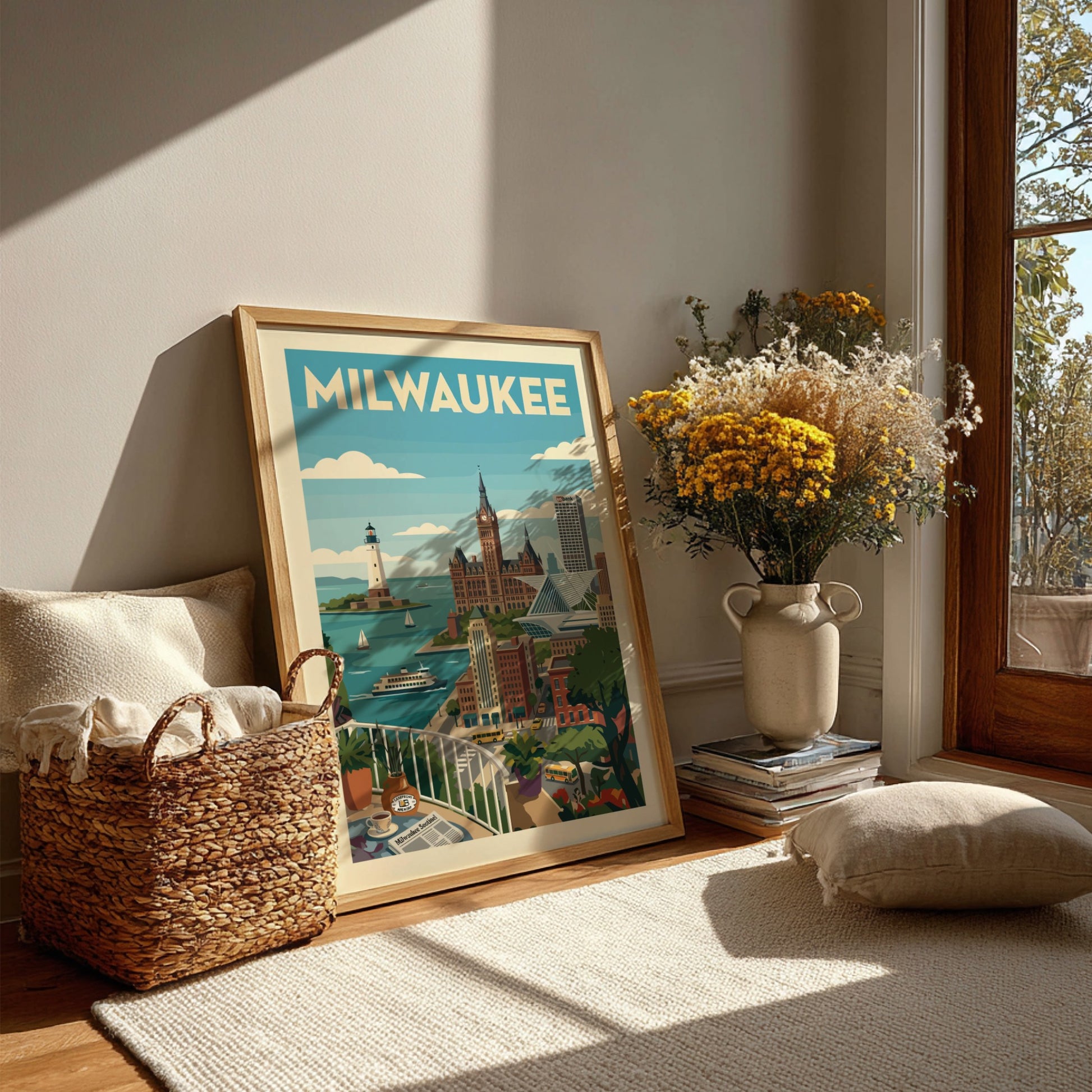 Retro Milwaukee skyline poster with iconic buildings, lighthouse, and ferry. Features a vintage travel art
