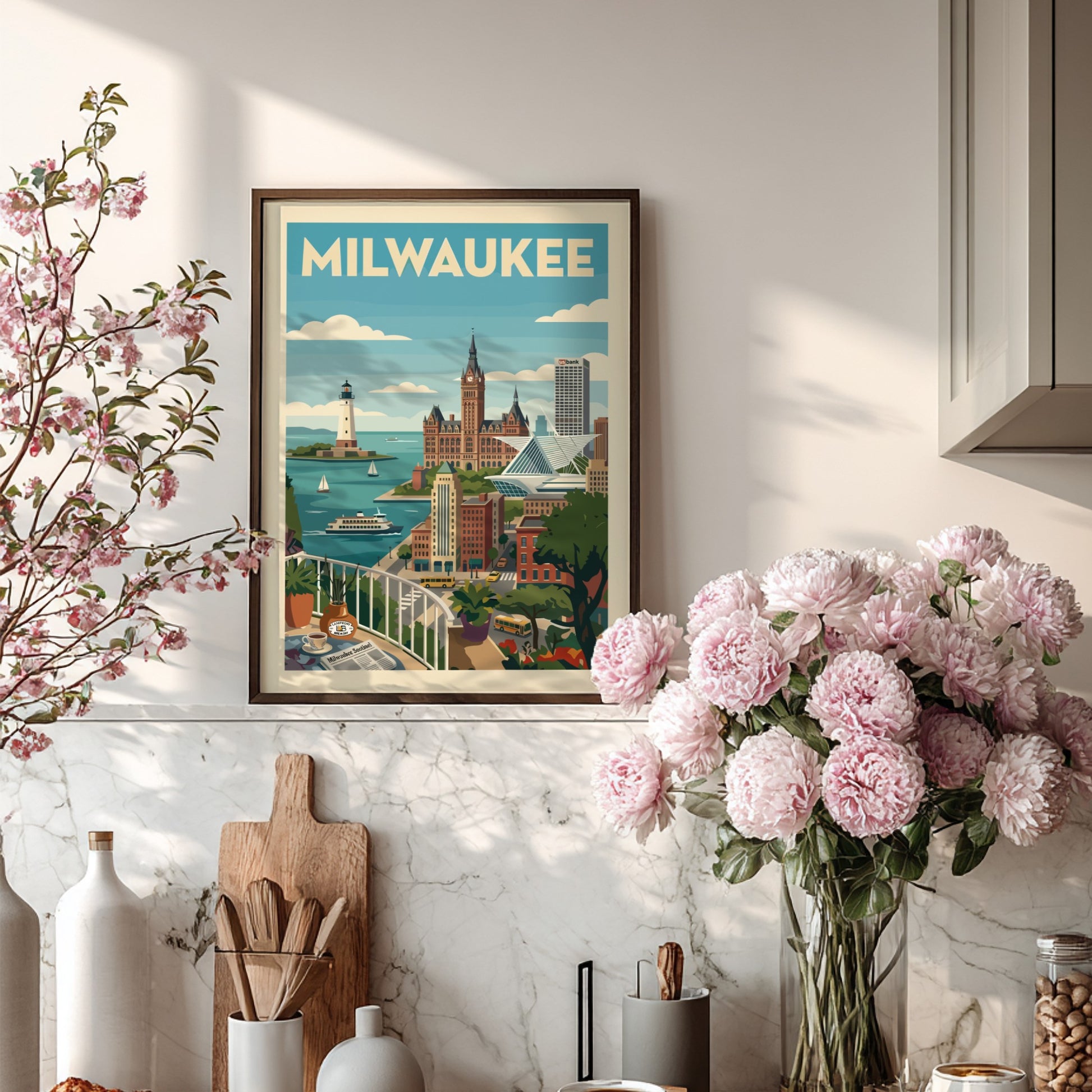 Retro Milwaukee skyline poster with iconic buildings, lighthouse, and ferry. Features a vintage travel art