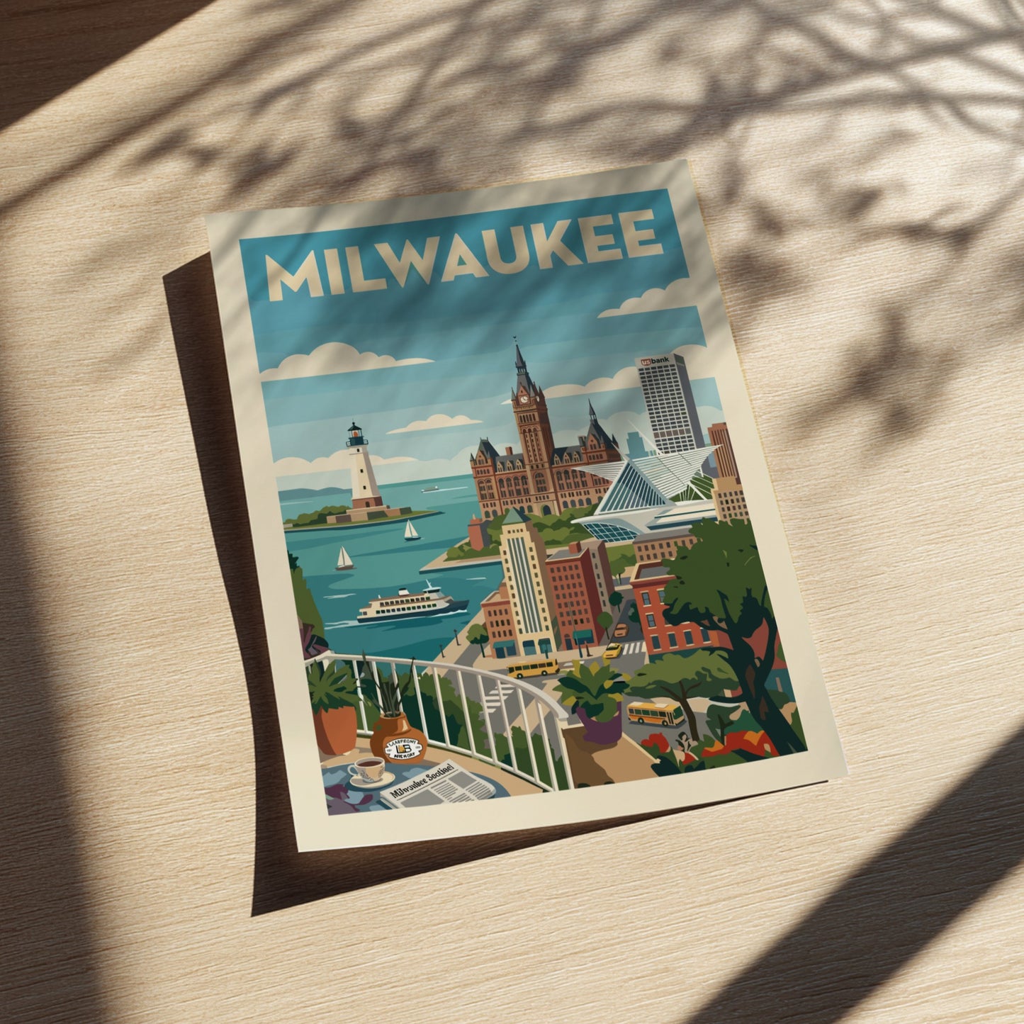 Retro Milwaukee skyline poster with iconic buildings, lighthouse, and ferry. Features a vintage travel art