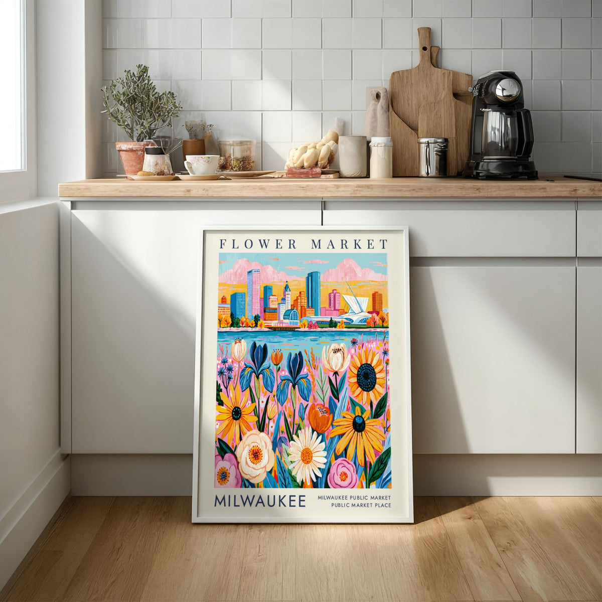 Flower market poster featuring vibrant flowers and a city skyline in colorful art style
