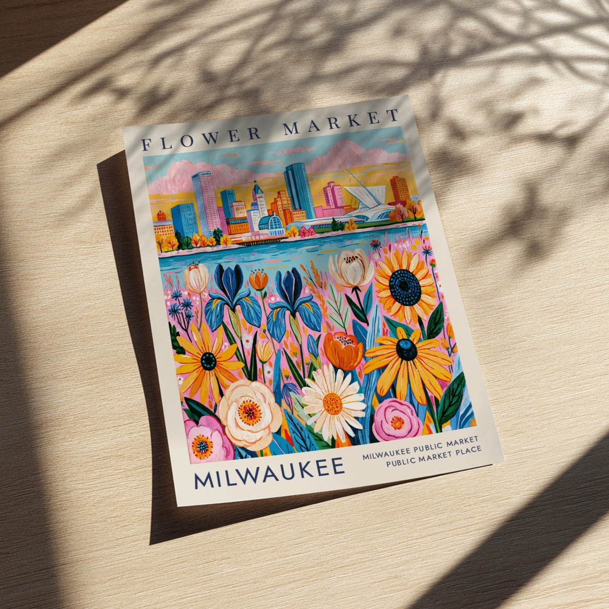 Flower market poster featuring vibrant flowers and a city skyline in colorful art style
