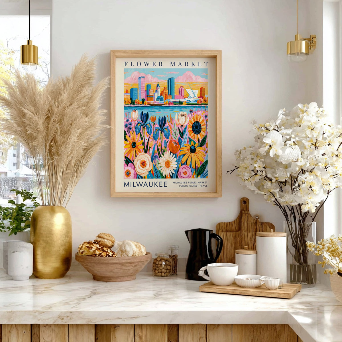 Flower market poster featuring vibrant flowers and a city skyline in colorful art style
