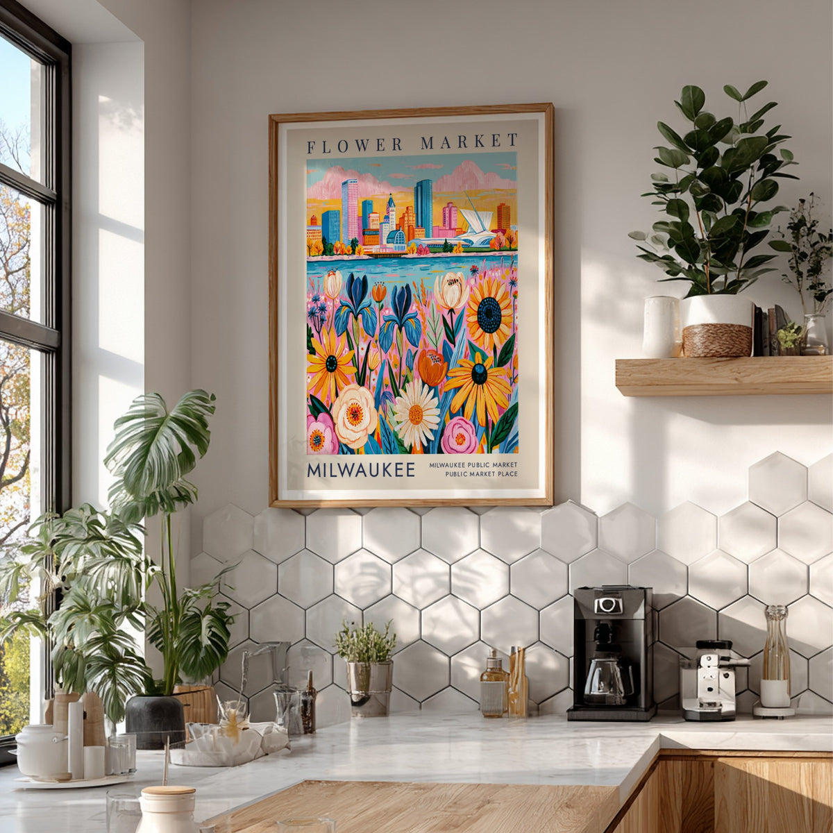 Flower market poster featuring vibrant flowers and a city skyline in colorful art style
