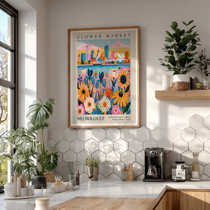 Flower market poster featuring vibrant flowers and a city skyline in colorful art style