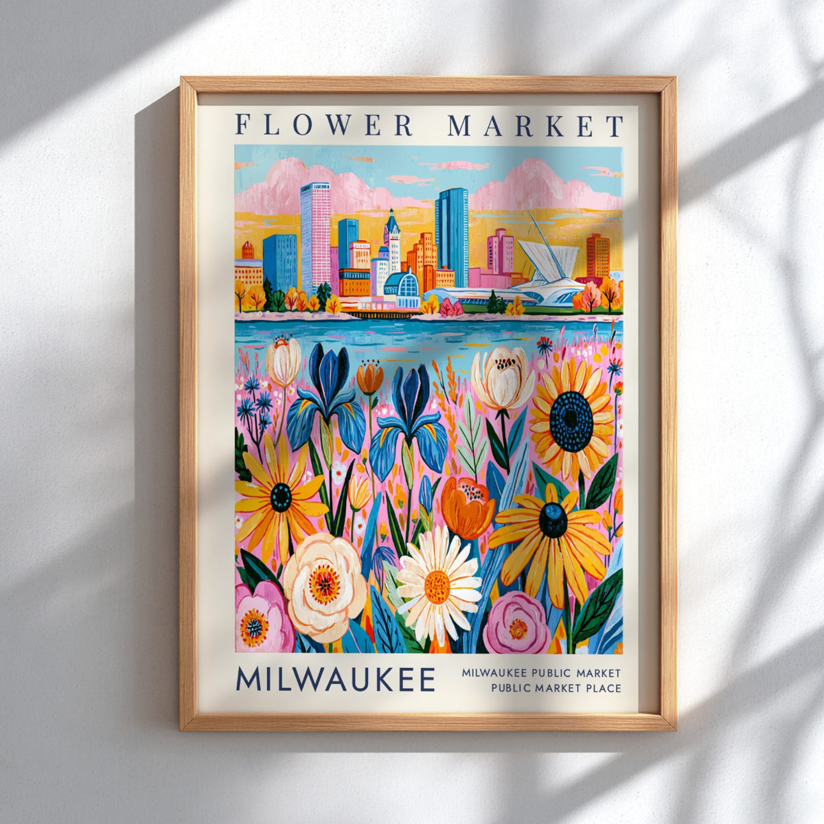 Flower market poster featuring vibrant flowers and a city skyline in colorful art style