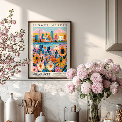 Flower market poster featuring vibrant flowers and a city skyline in colorful art style