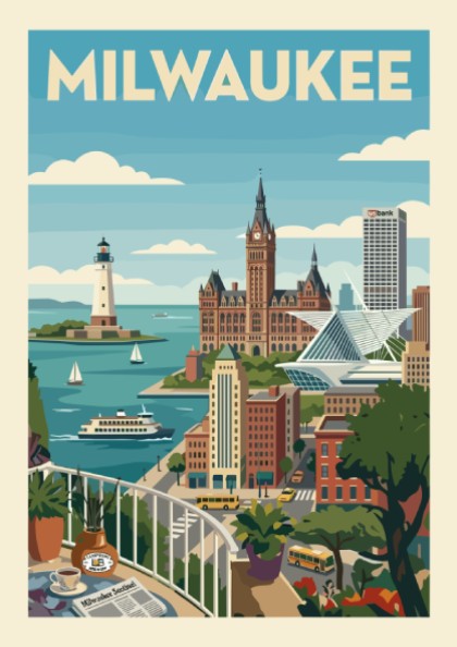Retro Milwaukee skyline poster with iconic buildings, lighthouse, and ferry. Features a vintage travel art