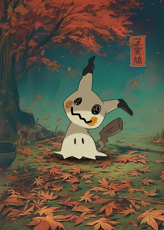 Mimikyu Pokemon character in a forest with autumn leaves and a tree