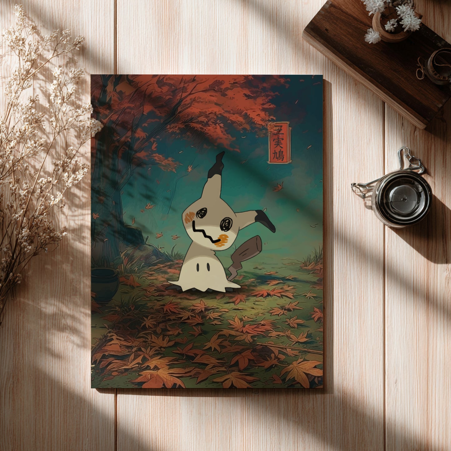 Poster with a Mimikyu Pokemon illustration on a wooden surface with dried flowers and a teacup.
