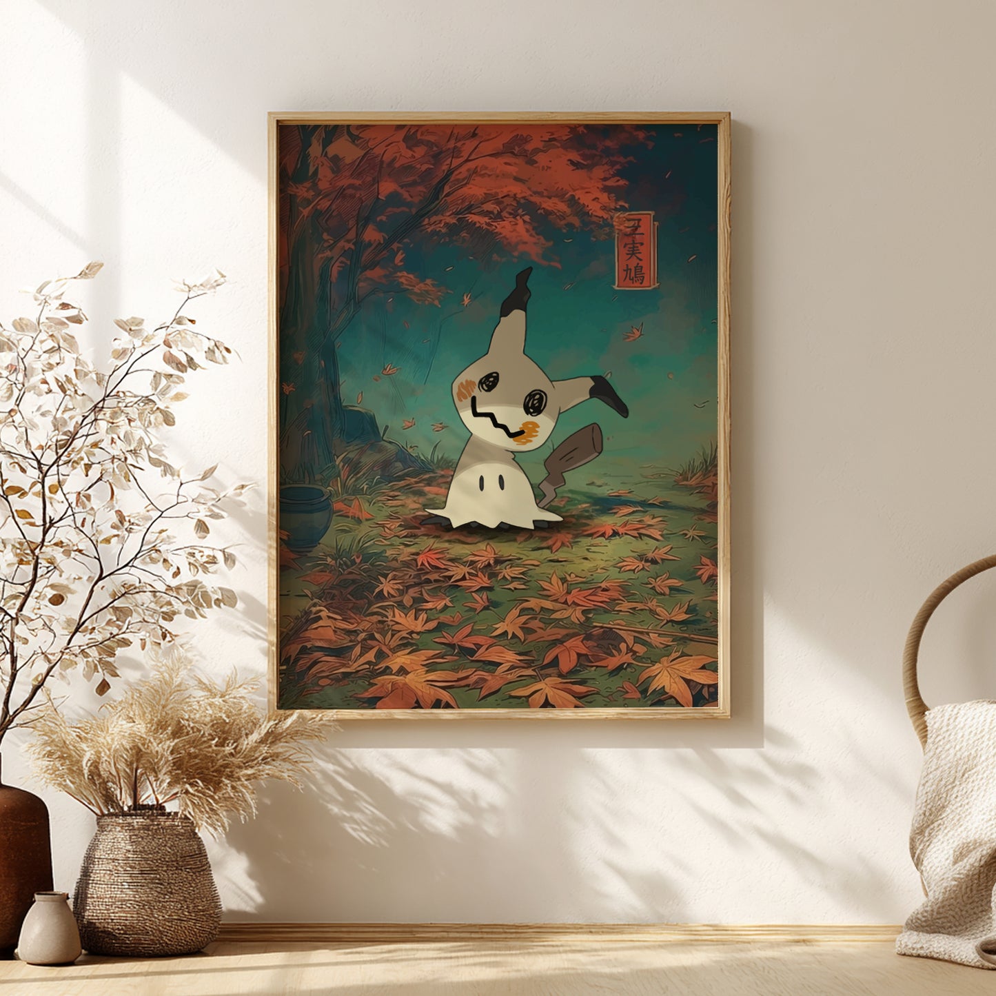 Framed artwork of Mimikyu Pokemon in a forest with autumn leaves on a wall.