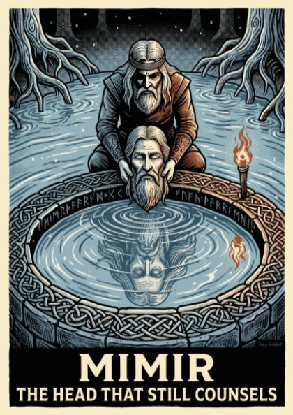 Poster of Mimir looking into a well with Norse runes and flickering torches