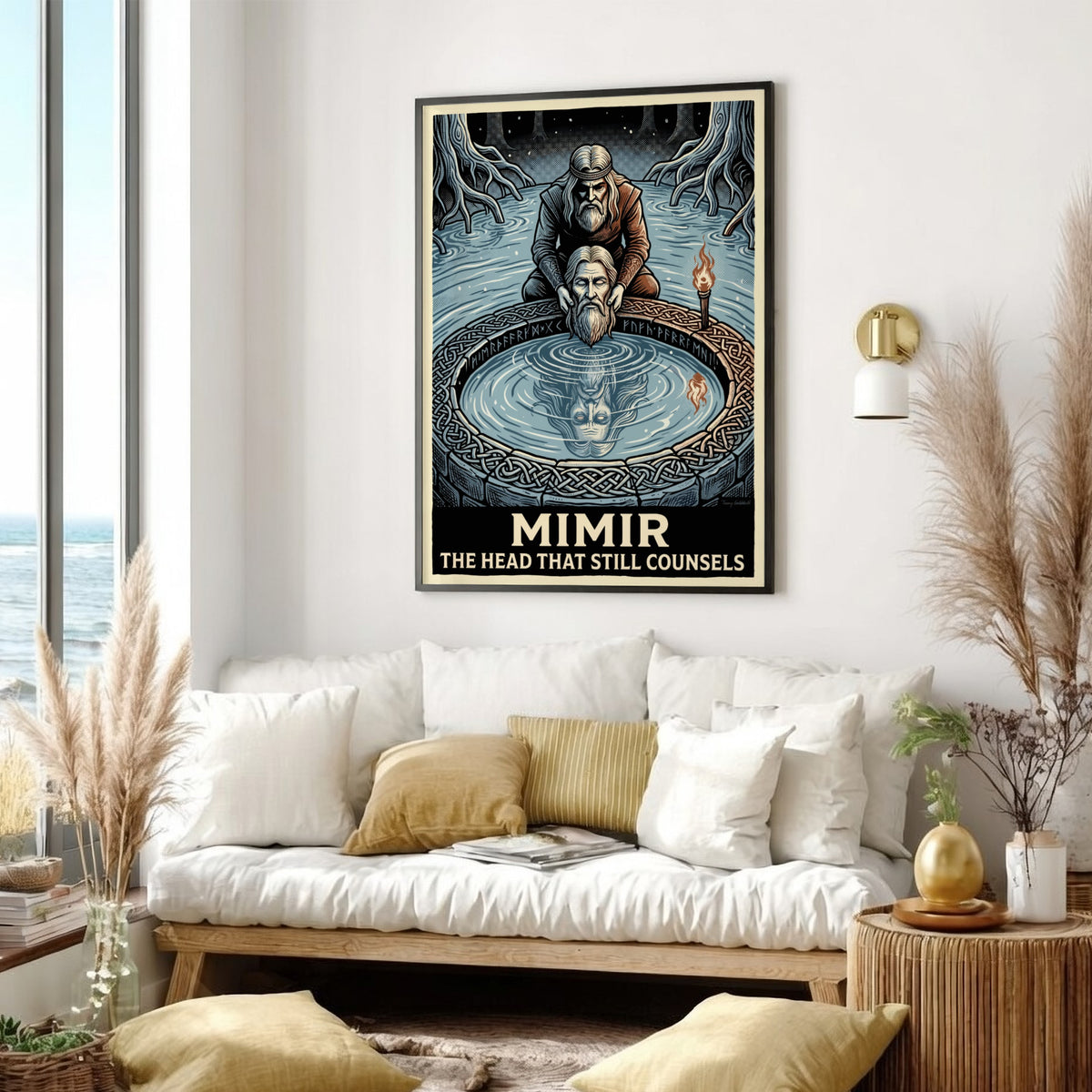 Poster of Mimir looking into a well with Norse runes and flickering torches