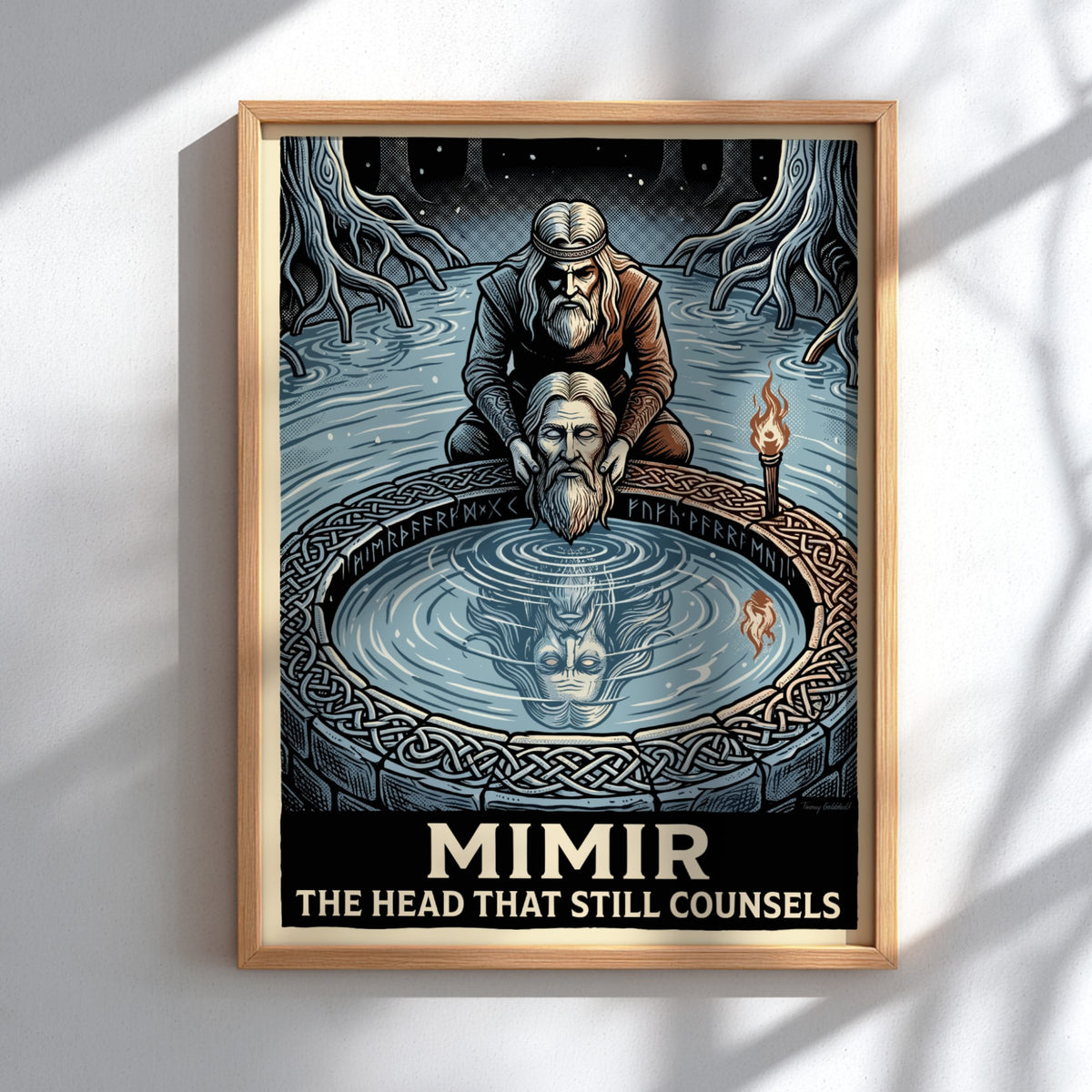 Poster of Mimir looking into a well with Norse runes and flickering torches