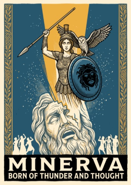 Poster featuring Minerva with owl and shield emerging from a bearded figure head