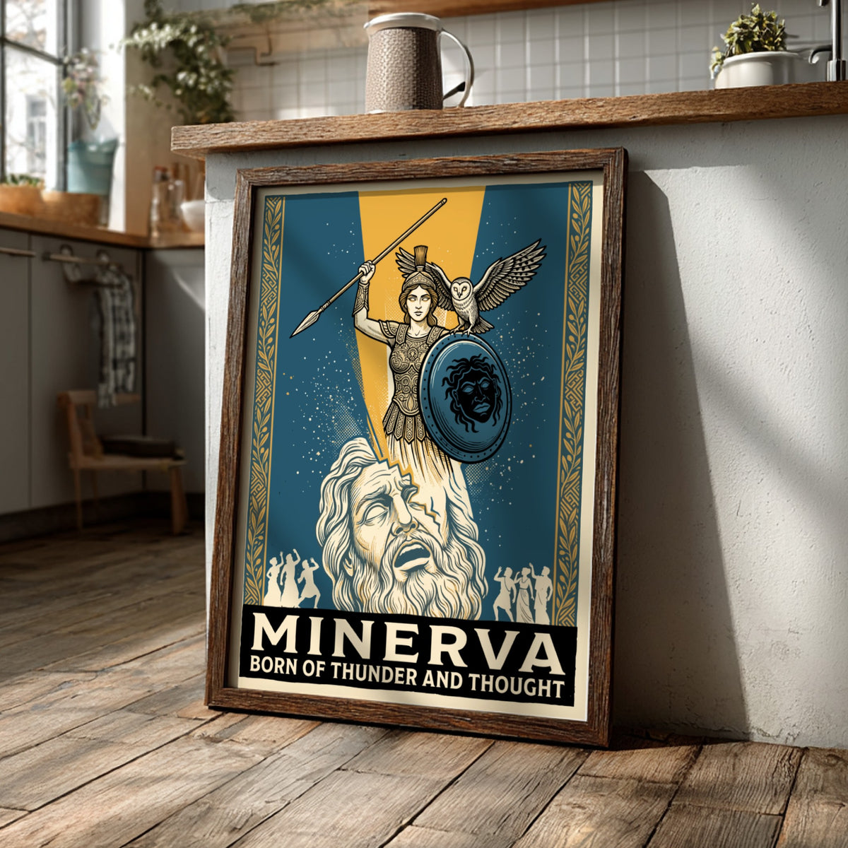 Poster featuring Minerva with owl and shield emerging from a bearded figure head