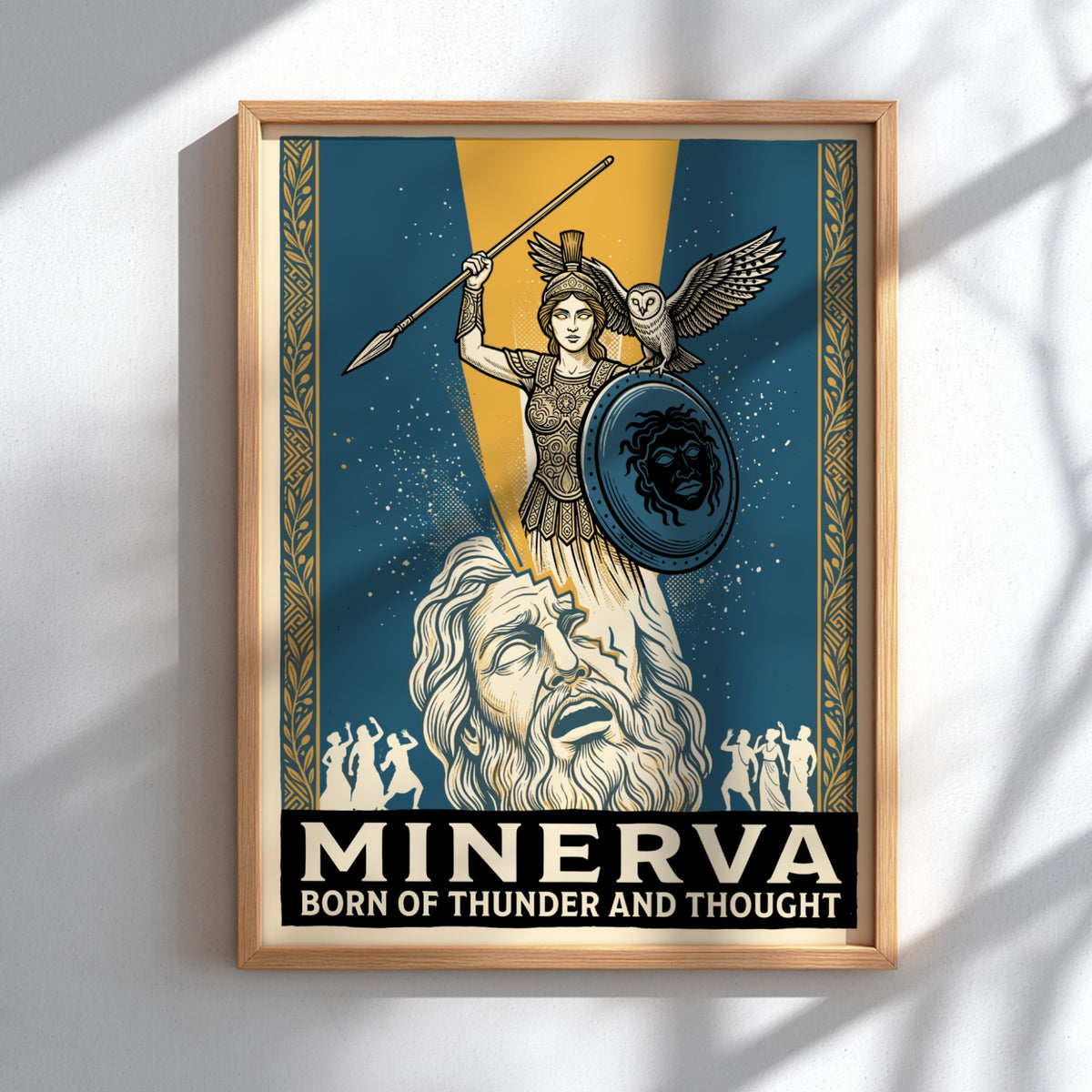 Poster featuring Minerva with owl and shield emerging from a bearded figure head