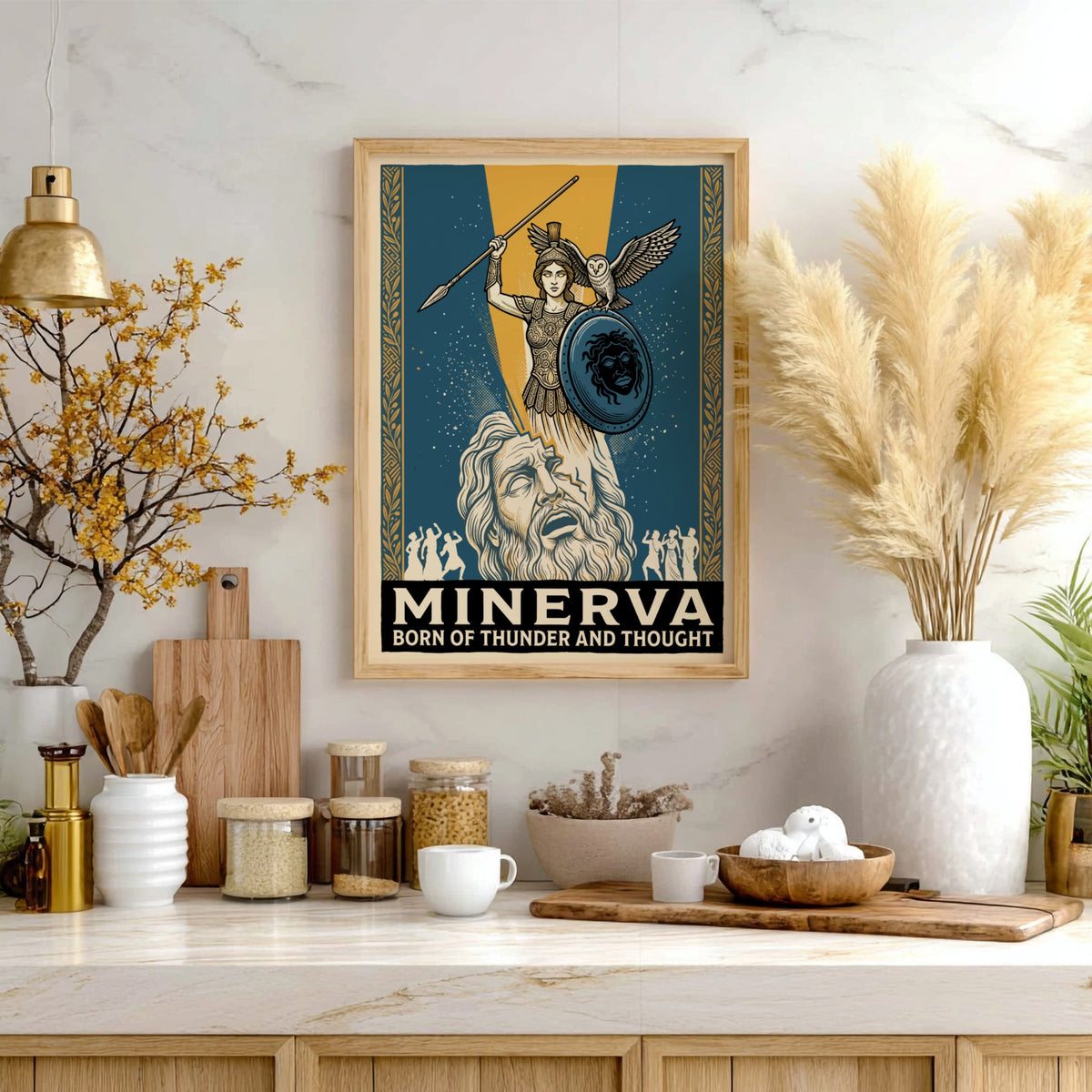 Poster featuring Minerva with owl and shield emerging from a bearded figure head