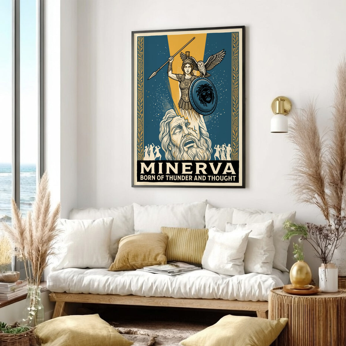 Poster featuring Minerva with owl and shield emerging from a bearded figure head