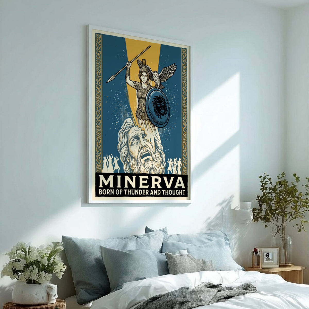Poster featuring Minerva with owl and shield emerging from a bearded figure head