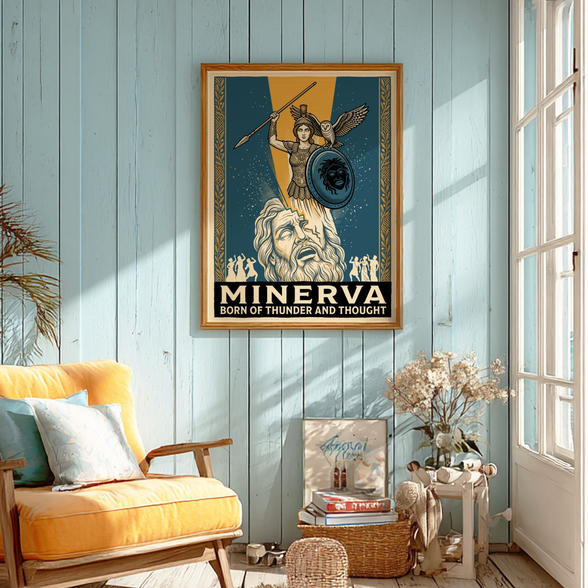 Poster featuring Minerva with owl and shield emerging from a bearded figure head