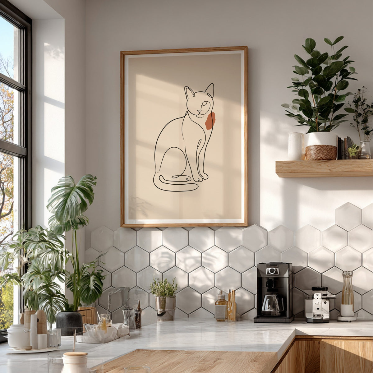 Poster featuring a minimalist continuous line drawing of a sitting cat with terracotta accent.