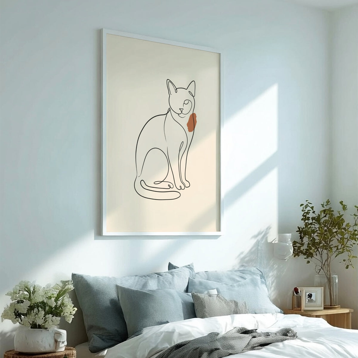 Poster featuring a minimalist continuous line drawing of a sitting cat with terracotta accent.
