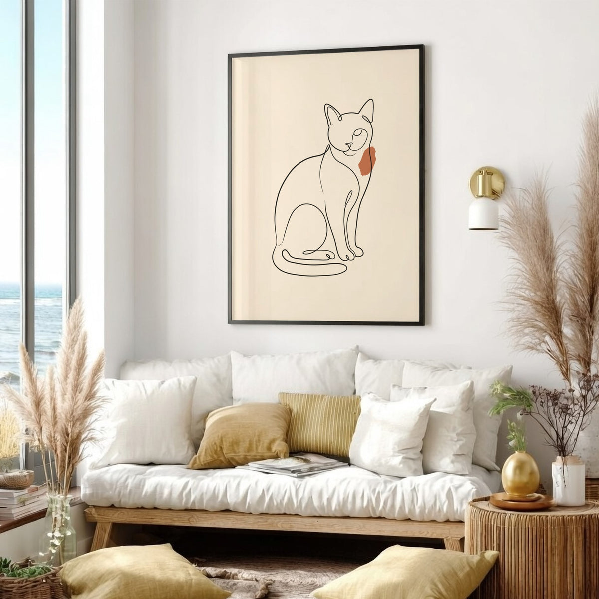 Poster featuring a minimalist continuous line drawing of a sitting cat with terracotta accent.