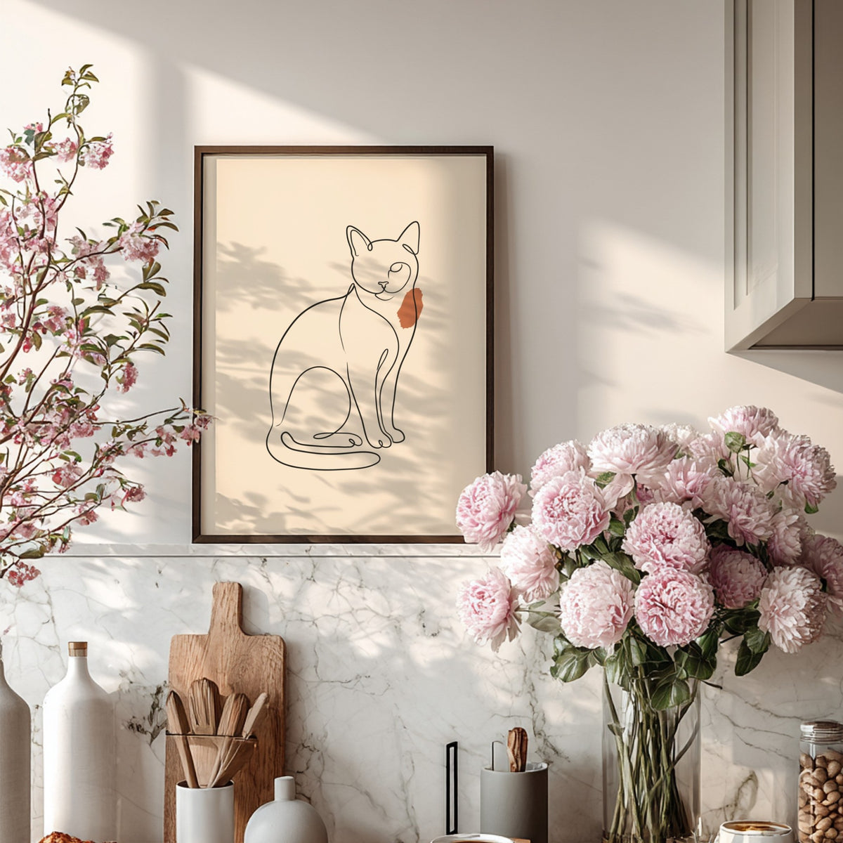 Poster featuring a minimalist continuous line drawing of a sitting cat with terracotta accent.