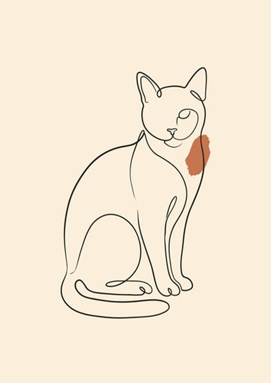 Poster featuring a minimalist continuous line drawing of a sitting cat with terracotta accent.