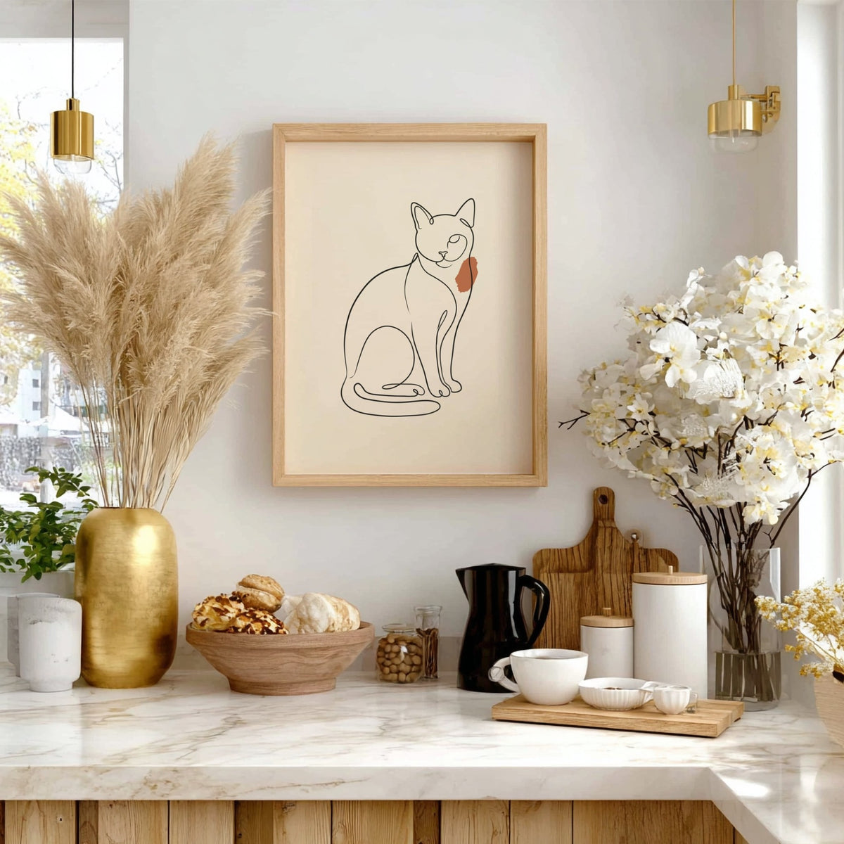 Poster featuring a minimalist continuous line drawing of a sitting cat with terracotta accent.