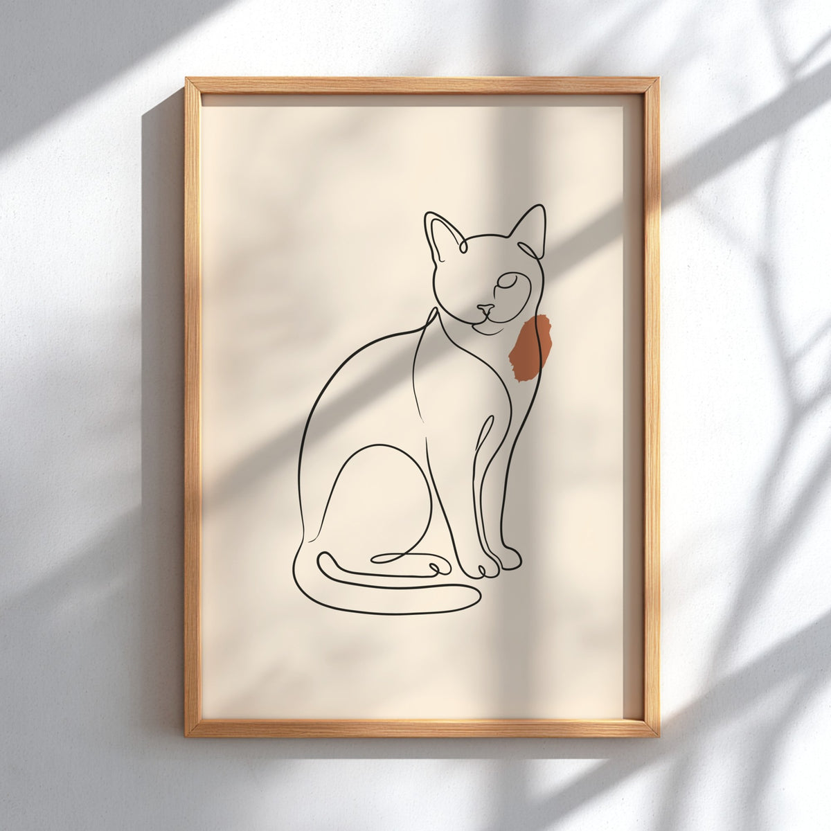 Poster featuring a minimalist continuous line drawing of a sitting cat with terracotta accent.