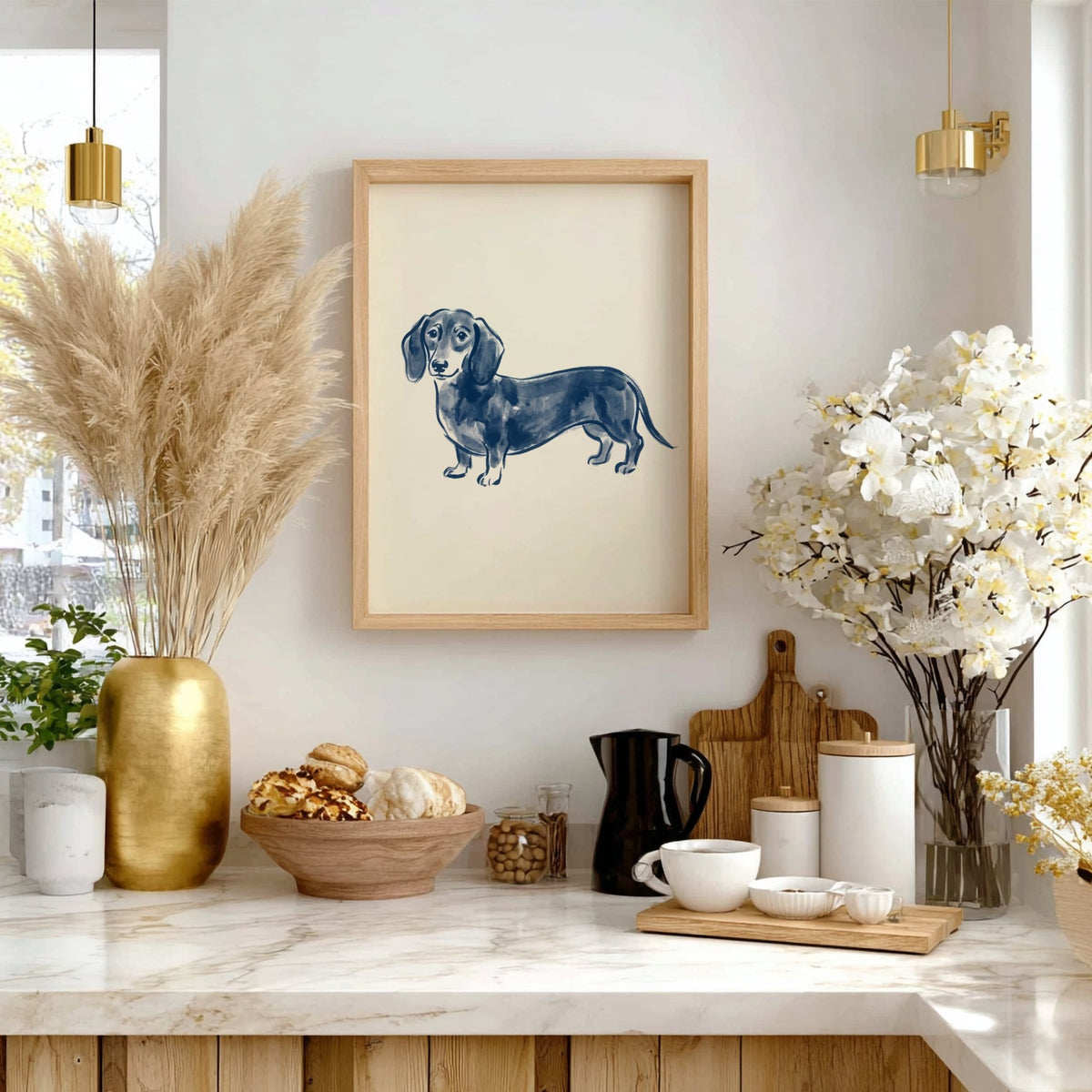 Dachshund watercolour poster in deep indigo blue ink on a pale cream paper background.