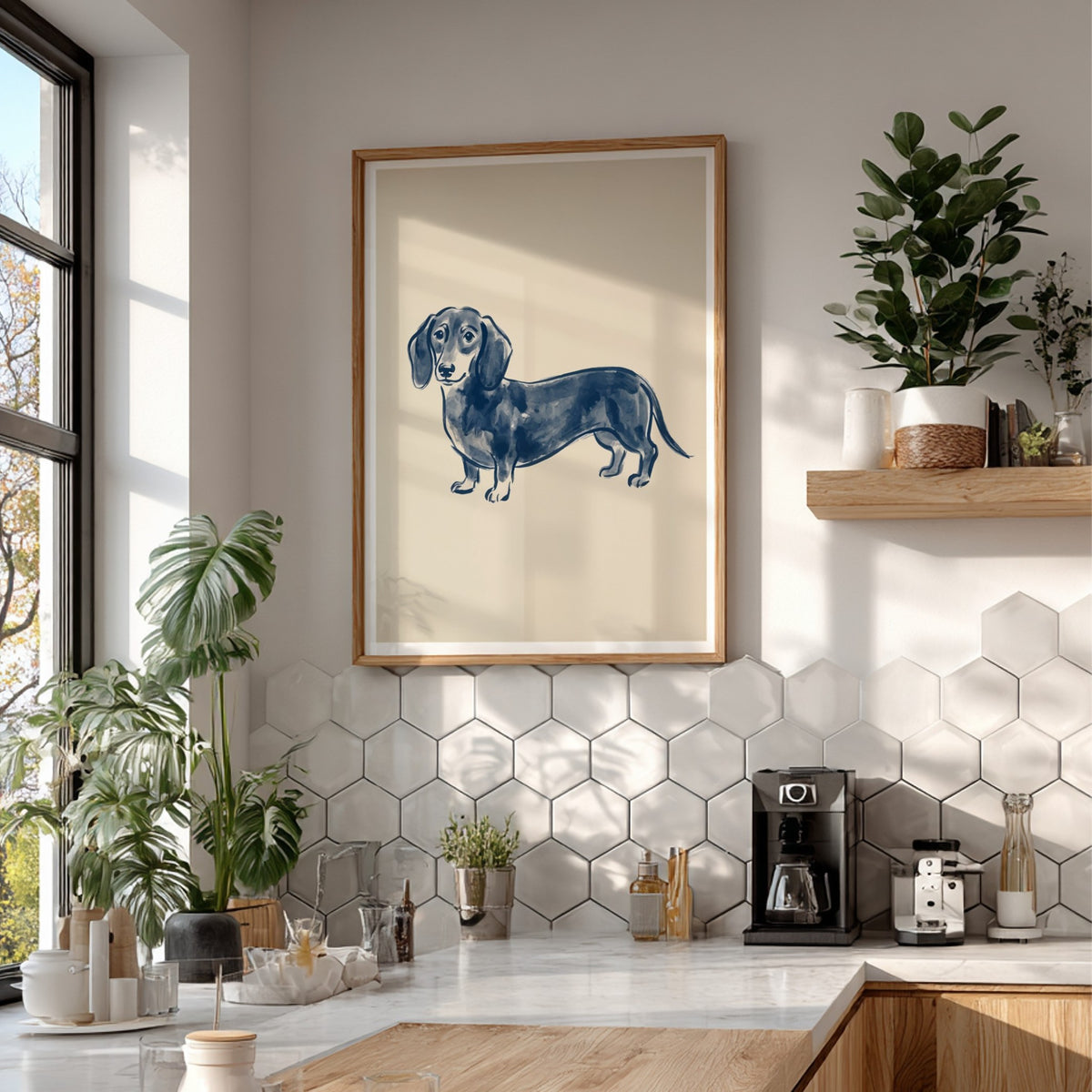 Dachshund watercolour poster in deep indigo blue ink on a pale cream paper background.