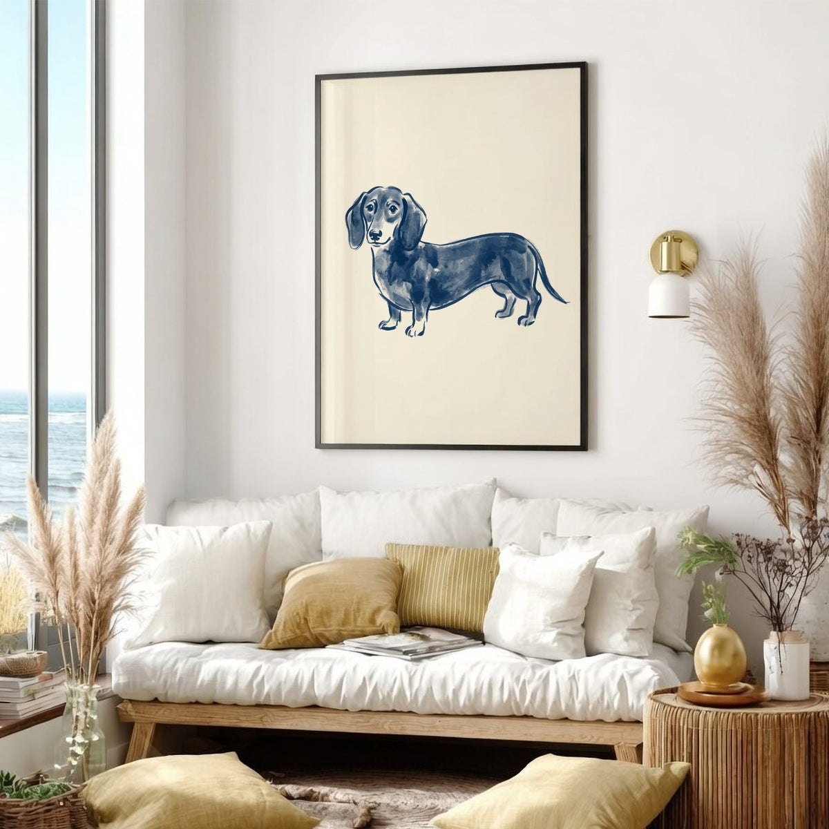 Dachshund watercolour poster in deep indigo blue ink on a pale cream paper background.